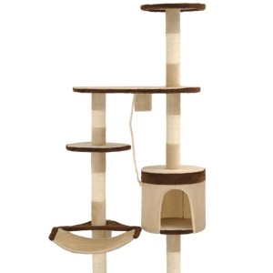 Beige-brauner Wandkratzbaum mit Sisal, 194 cm hoch, mit Liegeflächen, Haus und Hängematte.