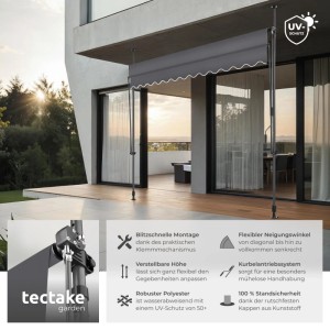 Tectake Klemmmarkise  Mit Handkurbel Uv Beständig 300 x 180 cm 180 x 300 x 304 cm Schwarz Grau