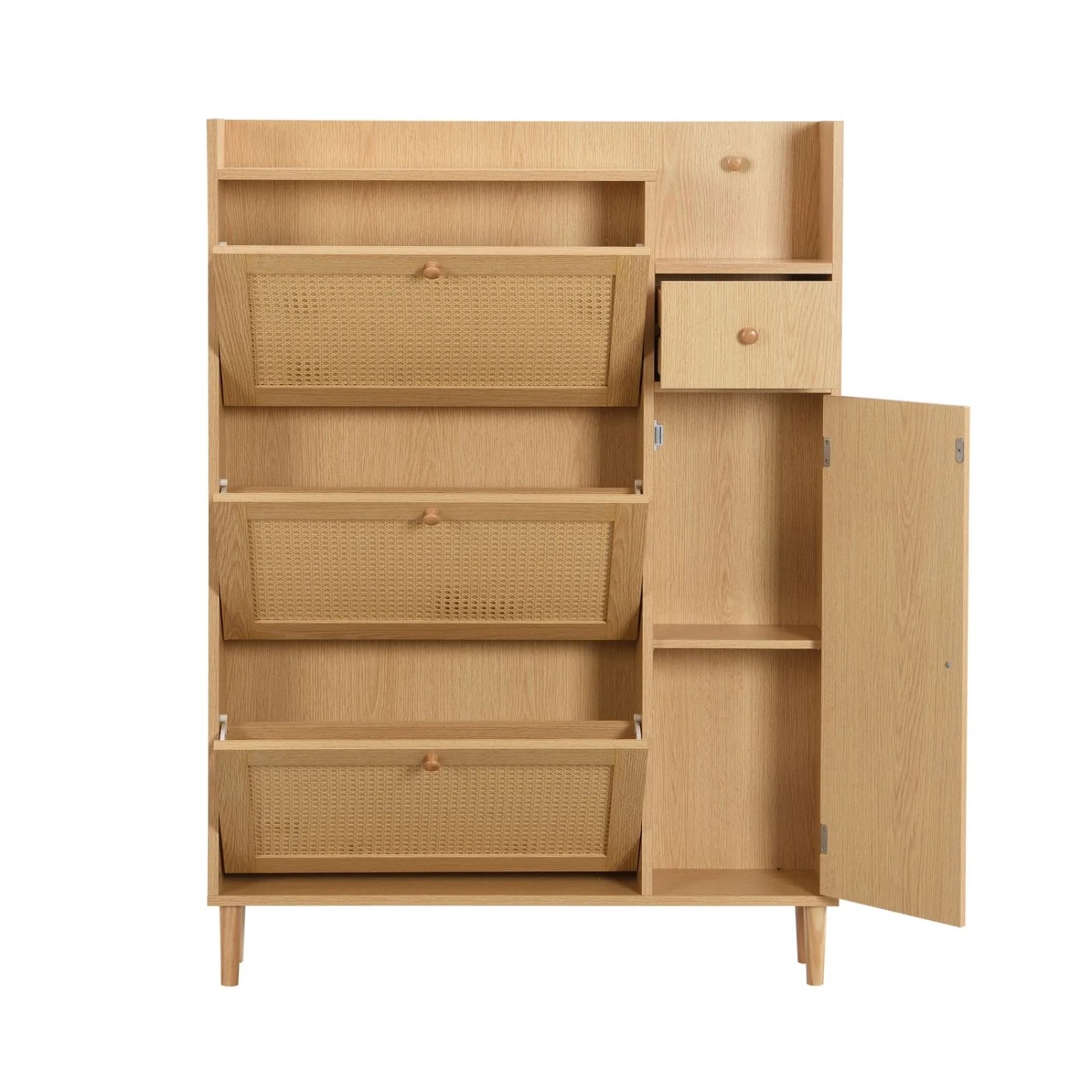 PXloue Schuhschrank Rattan Schuhkipper mit 3 Klappen Schublade 90 cm Flur Schmal Massivholz Beine