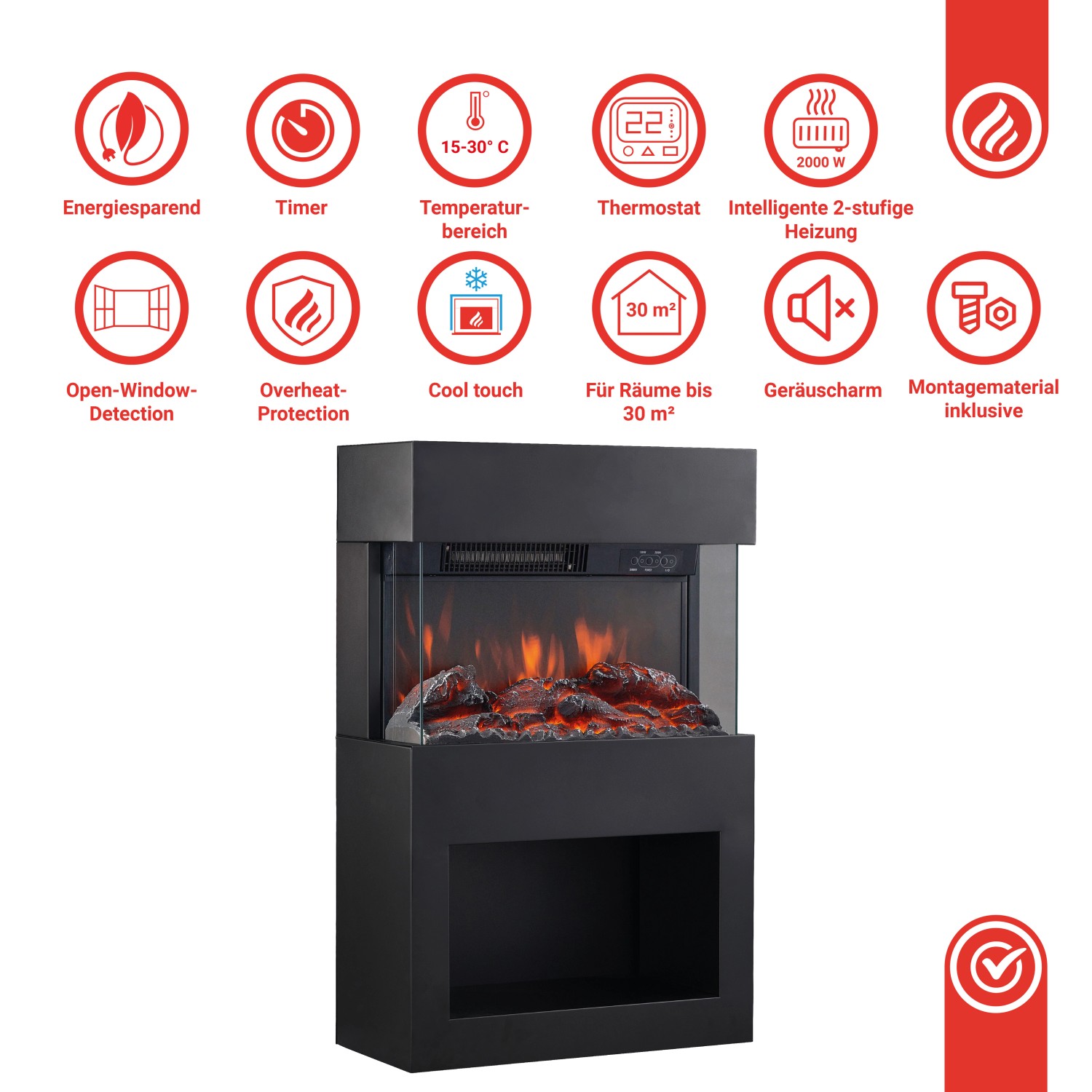 Schwarzer Kaminio Elektrokamin Henri mit 3D-Flammeneffekt und Holzfach.