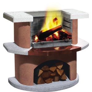 Buschbeck Grillbar Bologna in Weiß-Terrakotta mit Feuer und Holzscheiten.