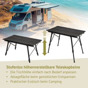 Schwarzer, höhenverstellbarer Jawinio Campingtisch aus Aluminium, ideal für Camping und Garten.