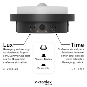 Detailansicht Oktaplex Plato LED Außenlampe Anthrazit: Einstellungen für Lux, Zeit, Sensor- und Dauerlicht.
