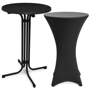Zwei schwarze Beautissu Bellini Stehtische, einer mit Stahlgestell, einer mit Stella Husse, rund, ø 70cm.