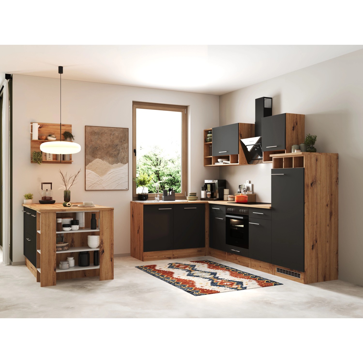 Respekta Winkelküche Hilde, 280x172 cm, mit Kücheninsel in Grau und Holzoptik. Inklusive E-Geräte.