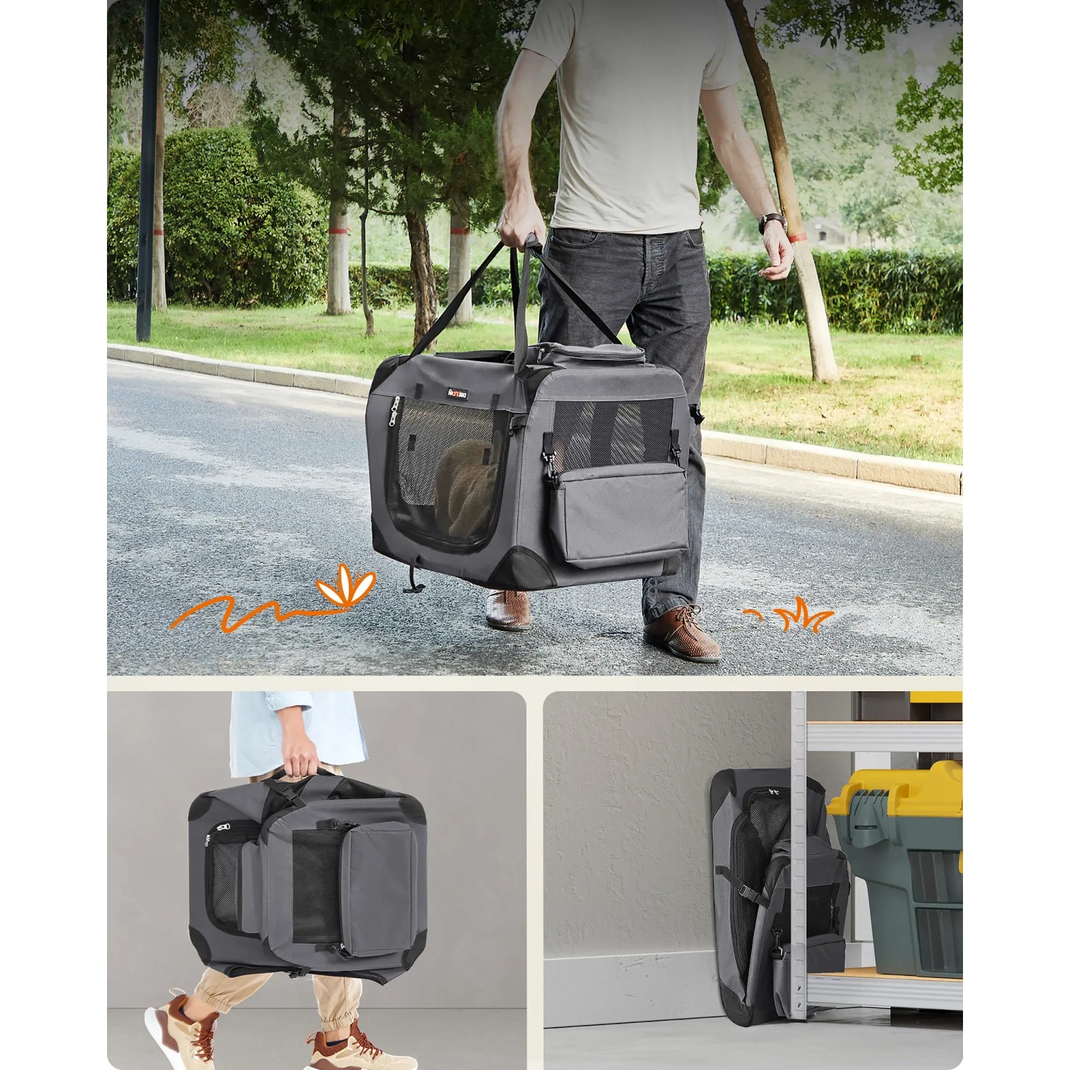 Graue Feandrea Hundebox (60x42x42 cm) mit Tragegriffen und Netzfenstern für einfachen Transport.