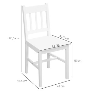 HOMCOM Küchenstuhl 4er Set, weißes Holzgestell mit Rückenlehne und Maßen.