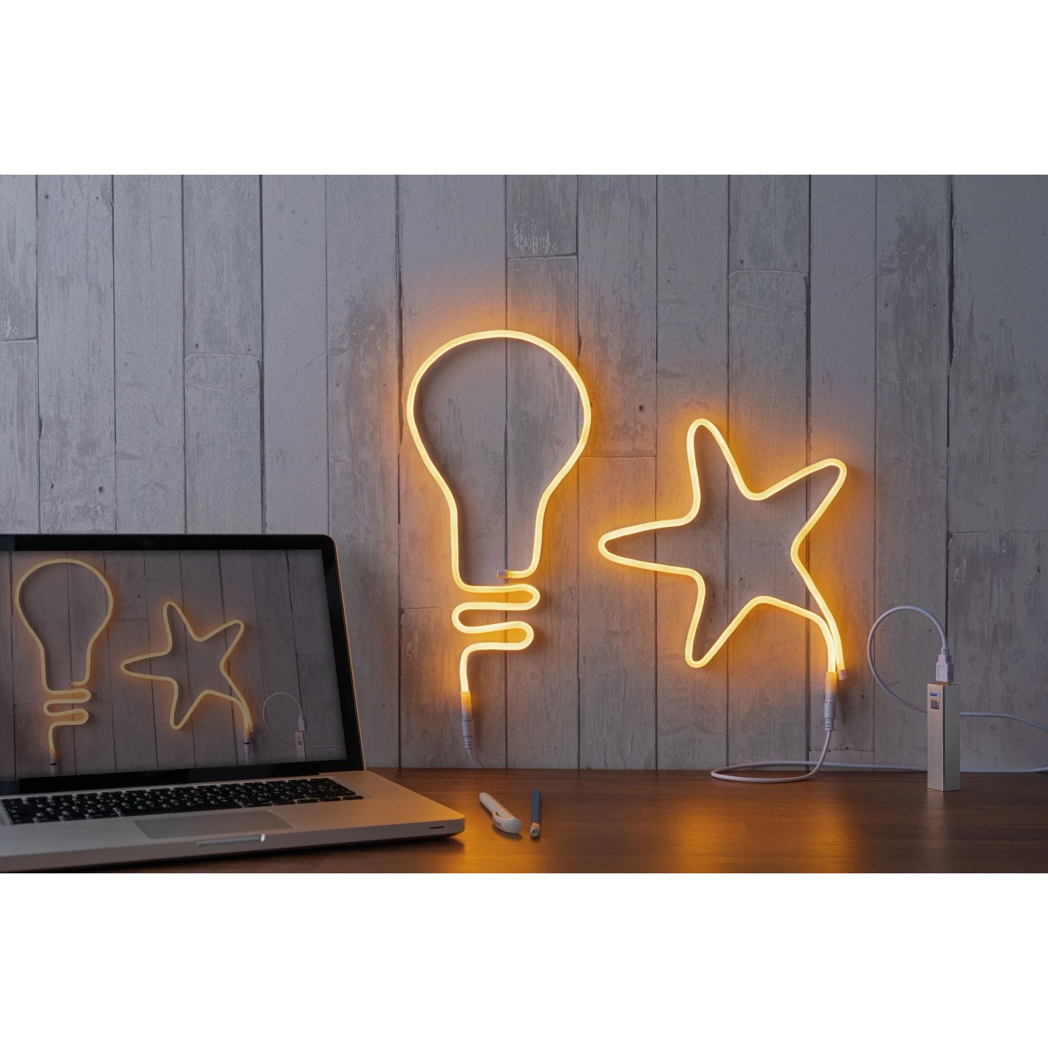 Orangefarbener Paulmann LED Strip Neon Colorflex USB als Glühbirne und Stern, 1 m, 4,5 W.