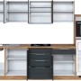 Moderne Küchenzeile, 300 cm, matt grau und Wotaneiche Dekor, mit E-Geräten.