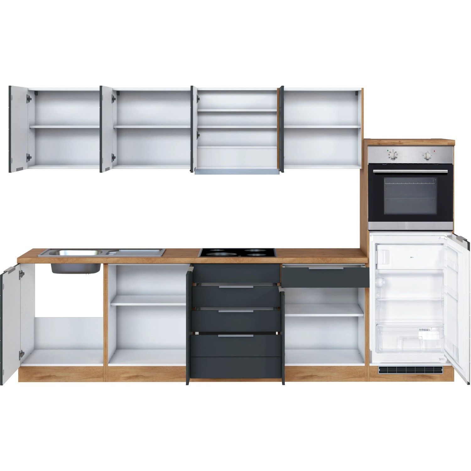 Moderne Küchenzeile, 300 cm, matt grau und Wotaneiche Dekor, mit E-Geräten.