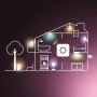 Grafische Darstellung eines Hauses mit Philips Hue Leuchtmitteln und Smart Home Steuerung.