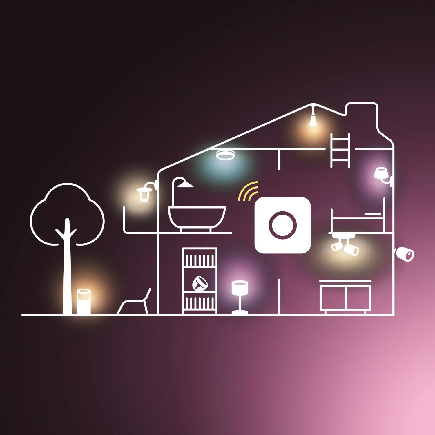 Grafische Darstellung eines Hauses mit Philips Hue Leuchtmitteln und Smart Home Steuerung.