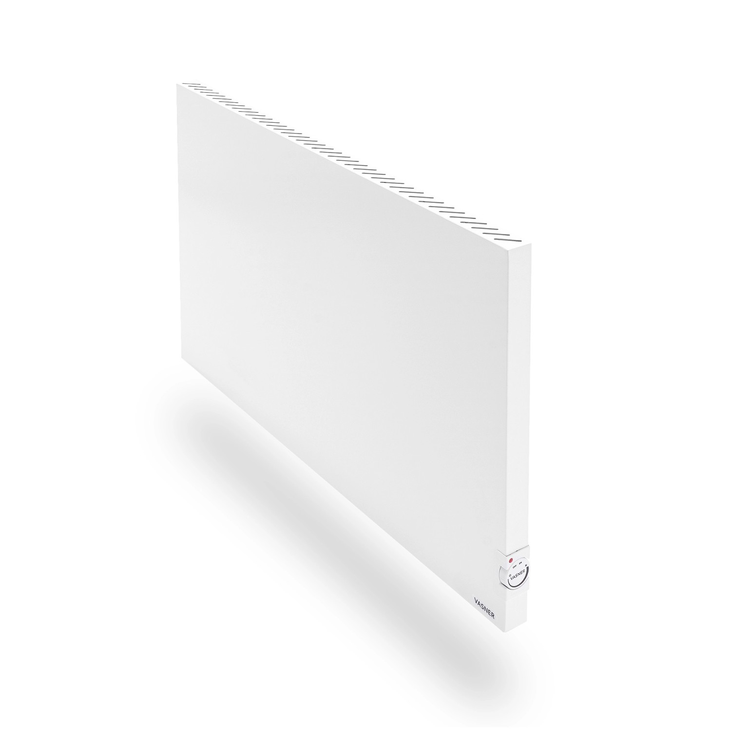 Weiße Vasner Hybrid-Infrarotheizung Konvi 900W, flaches elektrisches Heizgerät mit Thermostat.