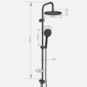 Euroshowers EuroFlux Regendusche Set Schwarz Matt. Duschsystem mit Kopf- und Handbrause, Stange und Ablage.
