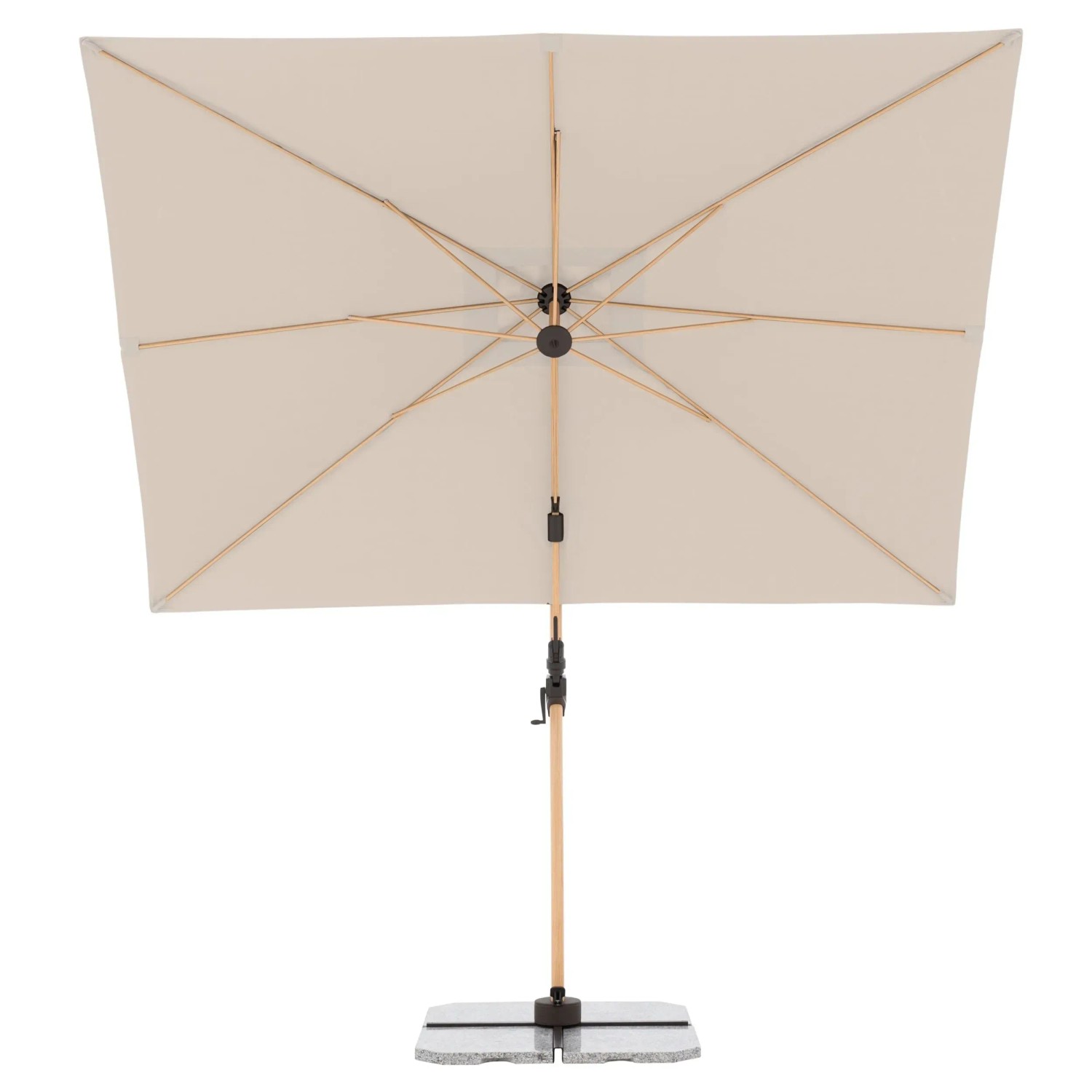 Rechteckiger, naturfarbener Doppler Ampelschirm Alu Wood 300x220 cm mit Kurbel und Holzoptik.