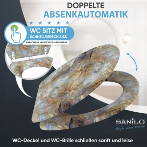 SANILO WC Sitz mit braunem Marmor-Muster, Absenkautomatik & Schnellverschluss. Toilettensitz für einfache Montage.