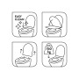 Symbole für einfache Reinigung, Absenkautomatik, Quick-Release und Belastbarkeit des WC-Sitzes.