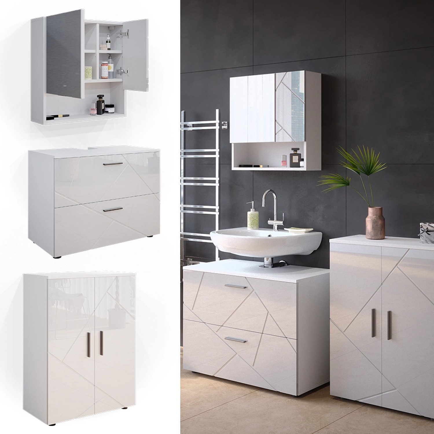Vicco Badmöbel-Set Irma, 3-teilig, weiß hochglanz: Unterschrank, Spiegel- und Midischrank.