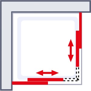 Eckeinstieg Dusche mit Schiebetür, Chromoptik, 90x90x200 cm, Schema der Schiebetürfunktion.