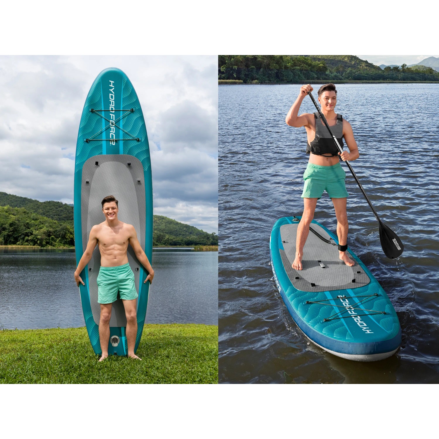 Bestway SUP Board-Set Aqua Drifter mit Sitz, 335cm, mit Paddler an Land und auf dem Wasser.