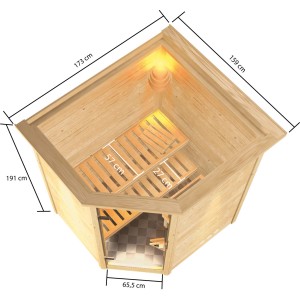Woodfeeling Sauna Antonia mit Bio-Ofen und LED-Dachkranz, Ansicht von oben mit Maßen.
