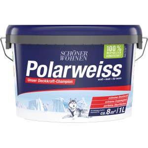 Eimer Schöner Wohnen Polarweiss, matte Innen- und Wandfarbe, 1 Liter. Weiß mit arktischer Landschaft und Husky.