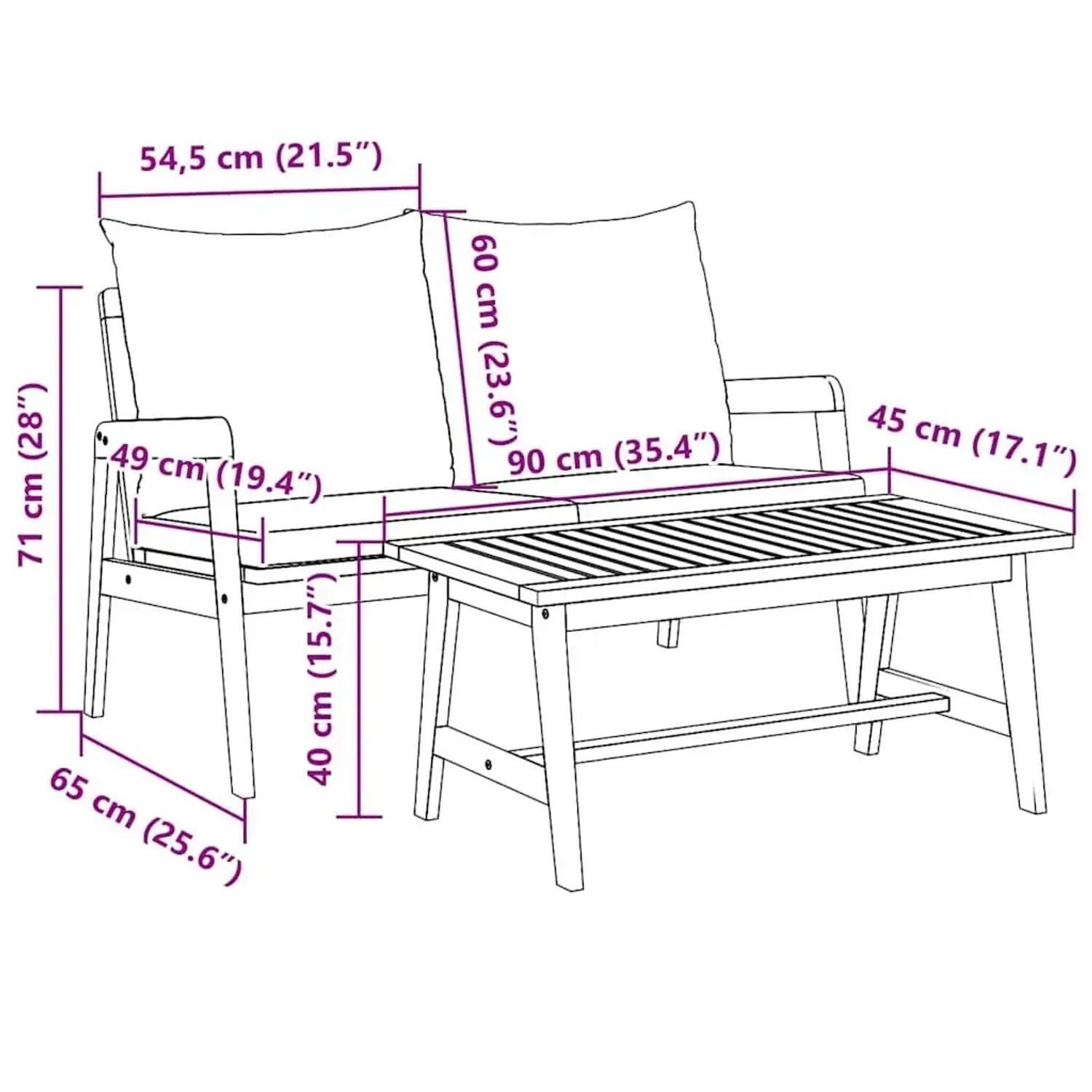 2-teiliges Bistro-Set aus Akazienholz mit anthrazitfarbenen Kissen und Tisch, Gartenmöbel.