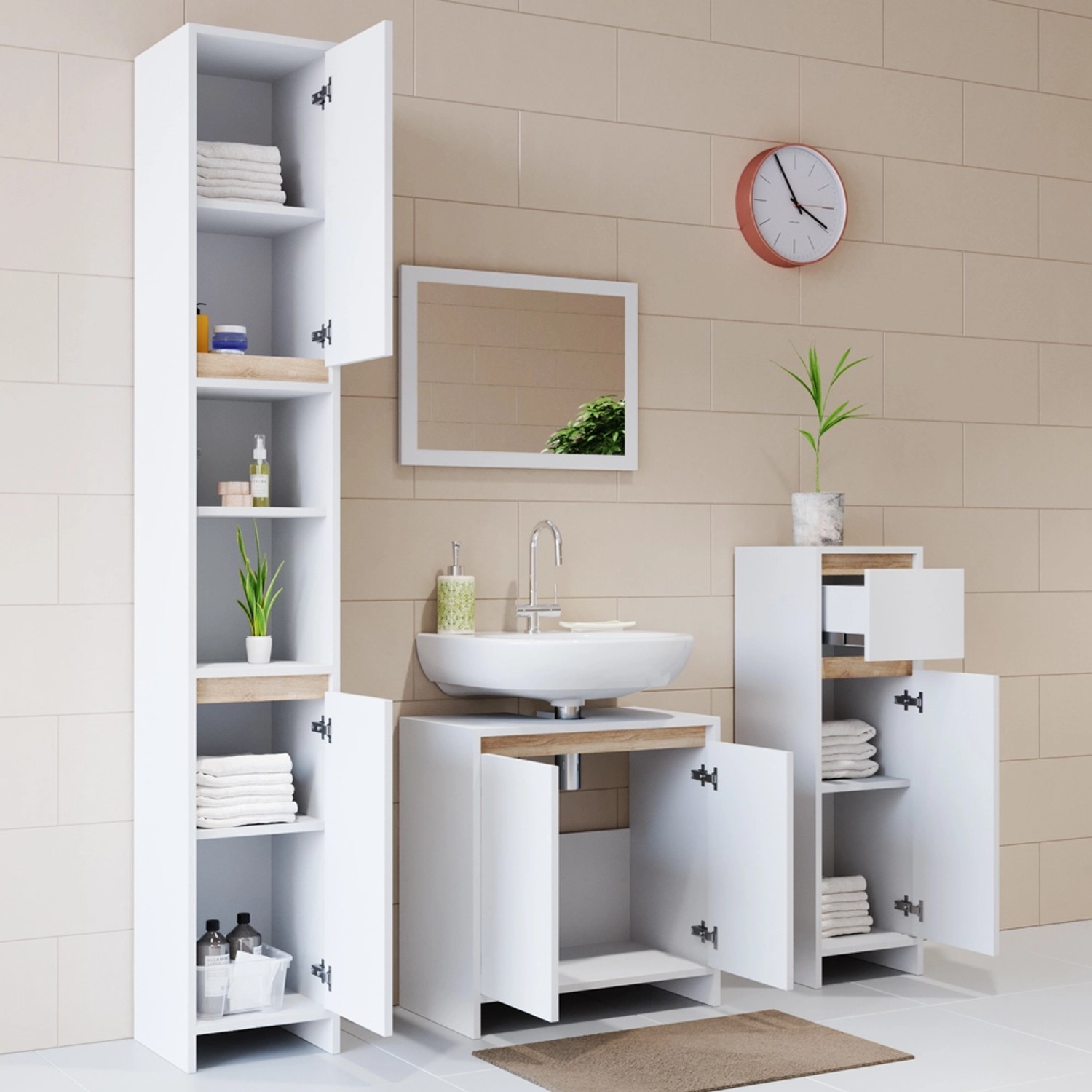 Vicco Waschbeckenunterschrank Emma, weiß/Sonoma, 58x60 cm, mit geöffneten Türen und Stauraum.