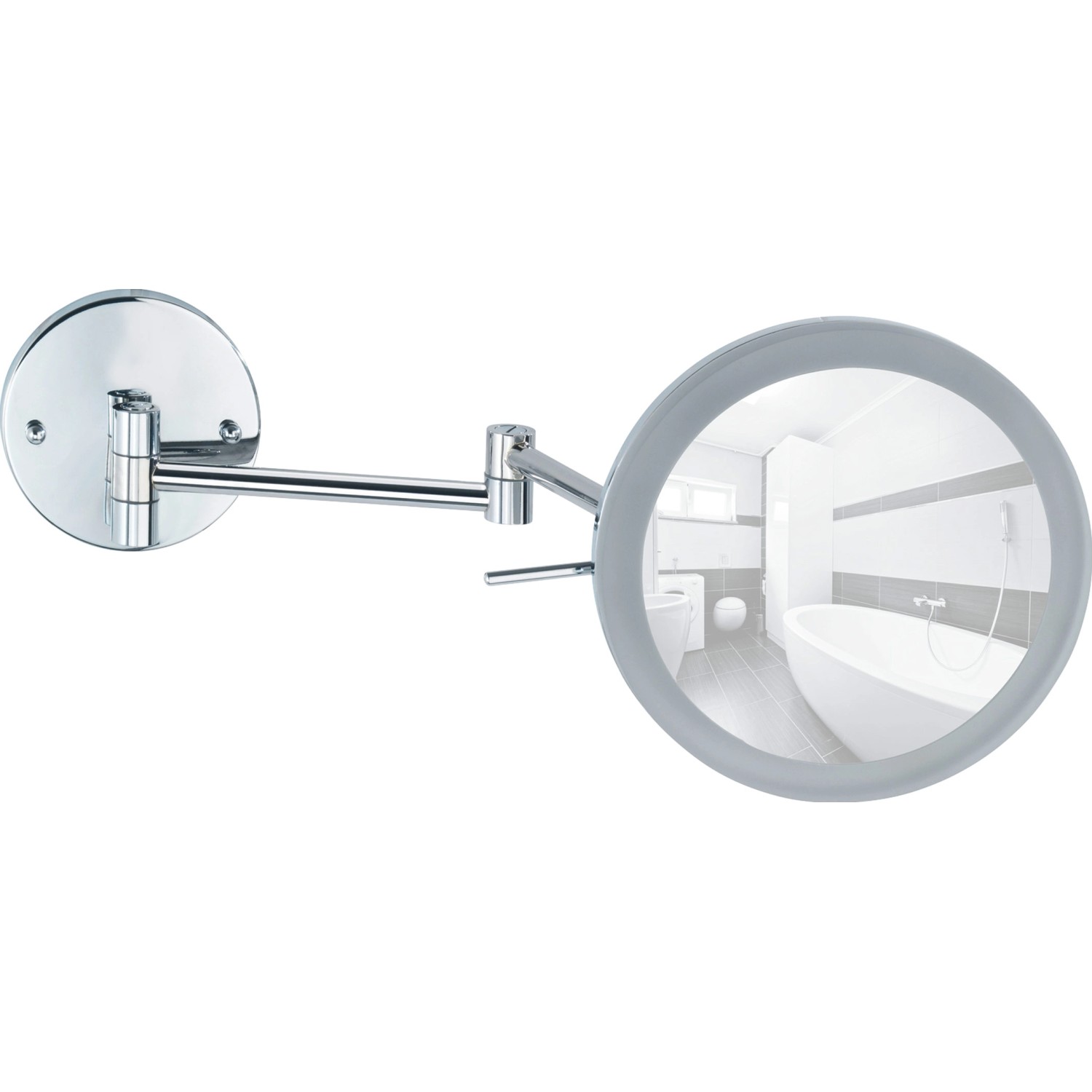 Wenko Power-Loc LED Wandspiegel Aura, runder Kosmetikspiegel mit Chrom-Arm und Badezimmer-Reflexion.