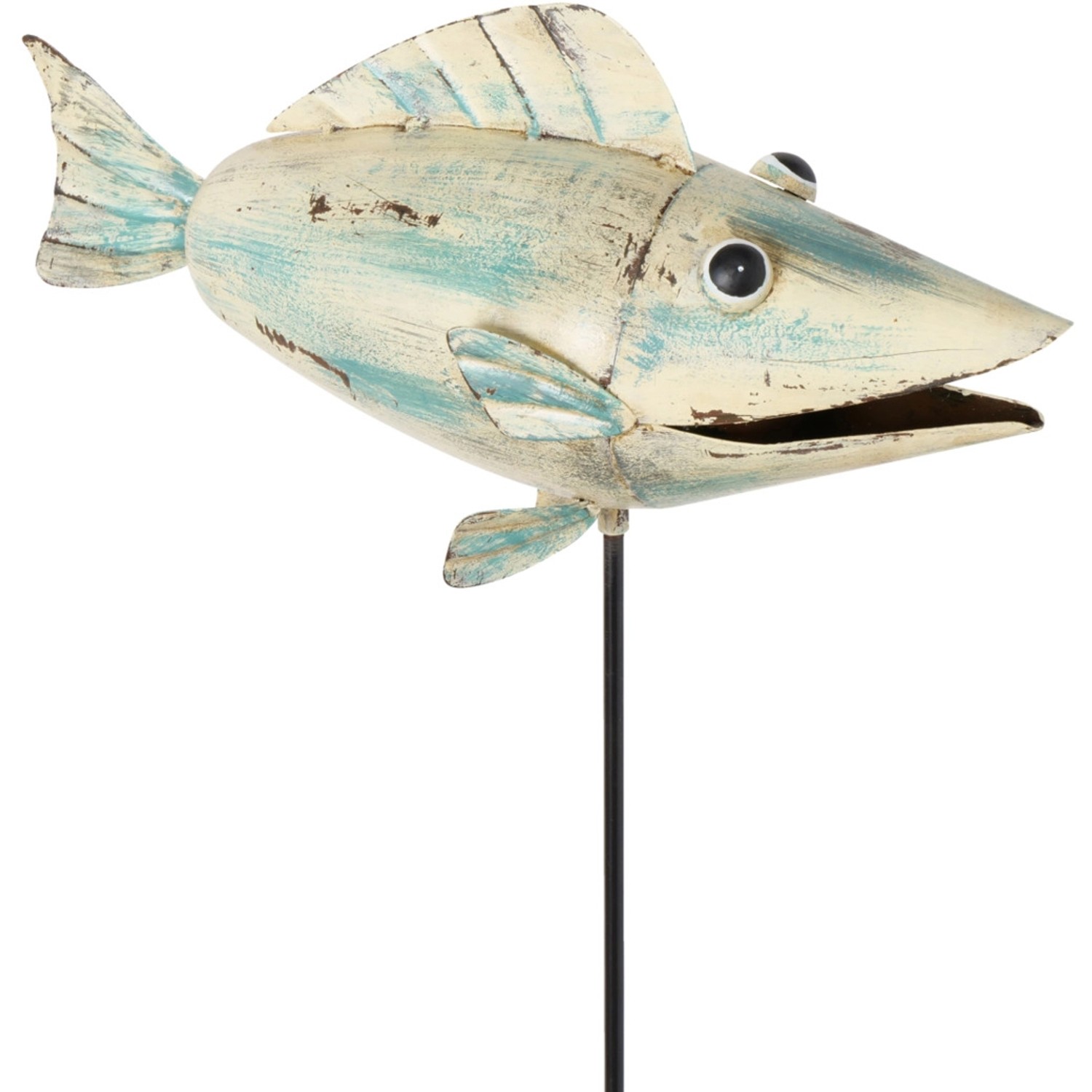 Gartenstab Garden Jogi: Deko-Fisch aus Metall in Creme-Blau, Shabby Chic für den Garten.