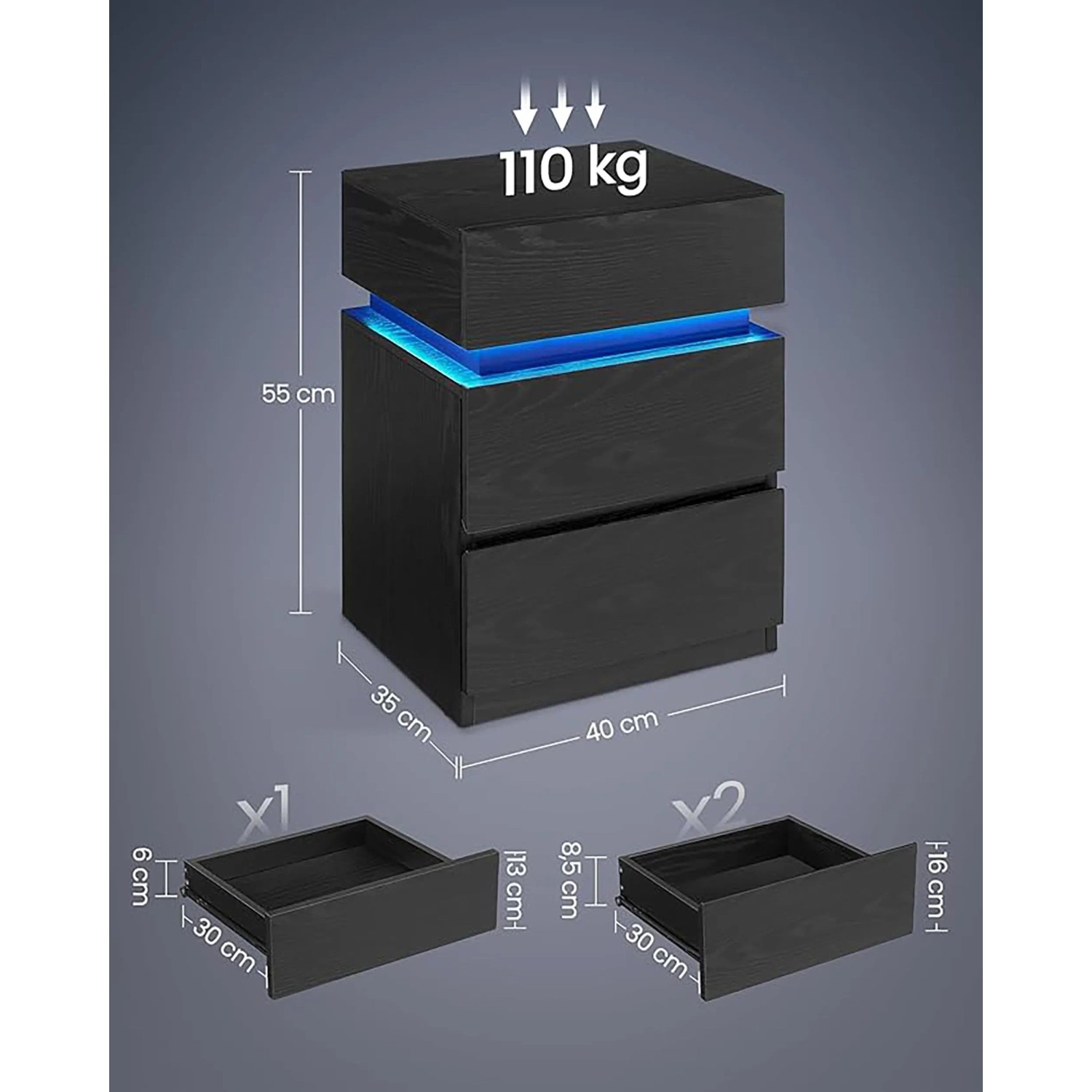 Schwarzer Nachttisch mit LED-Beleuchtung, 3 Schubladen in verschiedenen Größen. Maße: 55x40x35 cm, 110 kg Traglast.