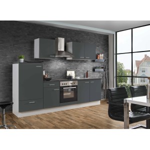 Moderne Menke Küchenzeile White Classic 270 cm in Graphit-Weiß mit Elektrogeräten und viel Stauraum.