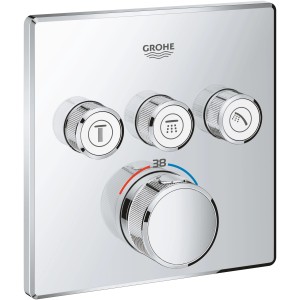 Grohe Grohtherm SmartControl Thermostat, eckig, Chrom mit drei Ventilen und Temperaturregler.