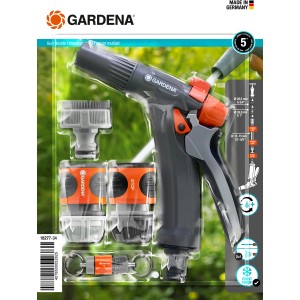 Gardena Reinigungs-Grundausstattung: Impulsspritze, Hahnverbinder, Schlauchverbinder, Wasserstop und Schlüsselanhänger.