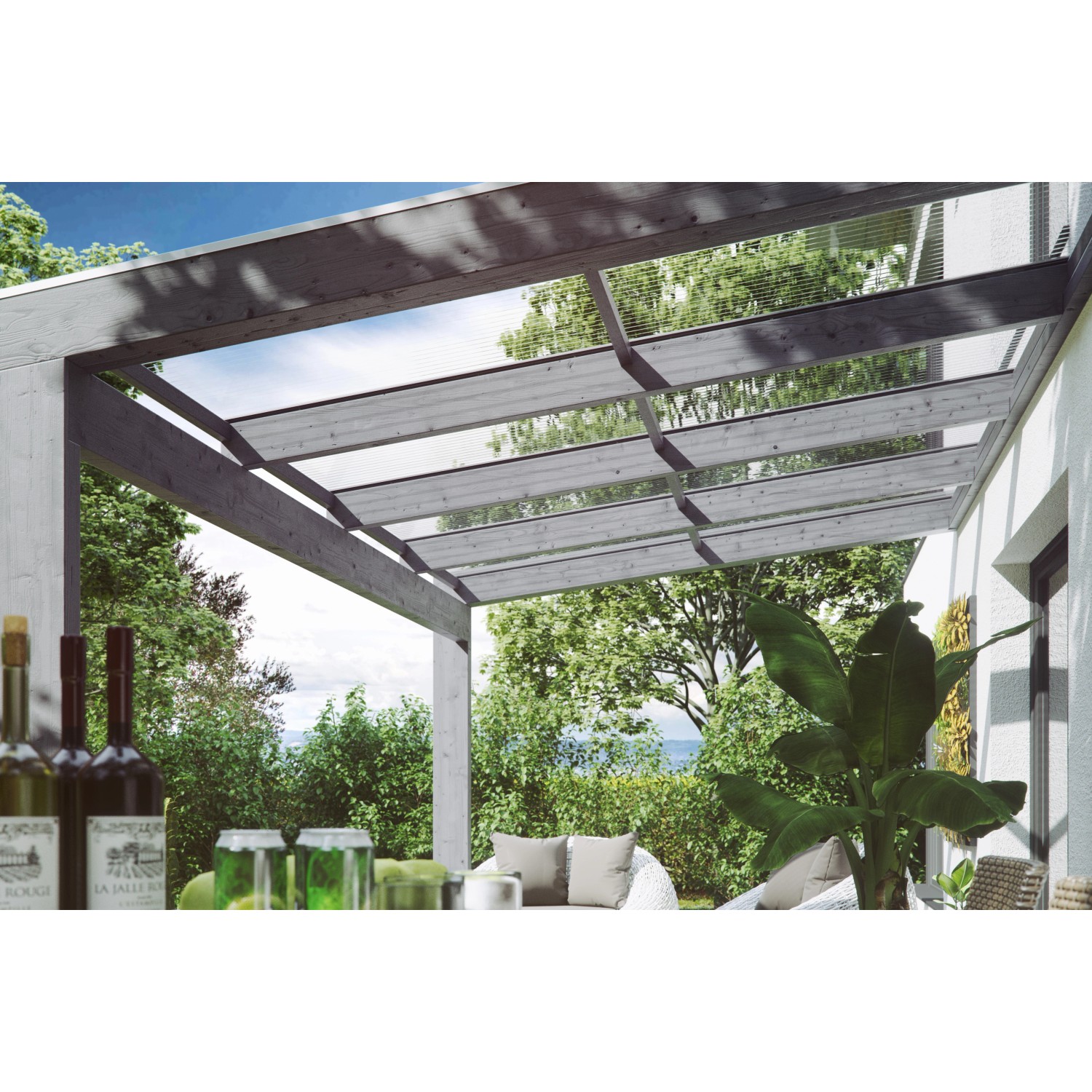 Skan Holz Terrassenüberdachung Novara, 450x259 cm, schiefergrau, mit klaren Doppelstegplatten.