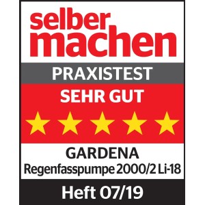 Auszeichnung „sehr gut“ für Gardena Regenfasspumpe 2000/2 Li-18 im Praxistest.