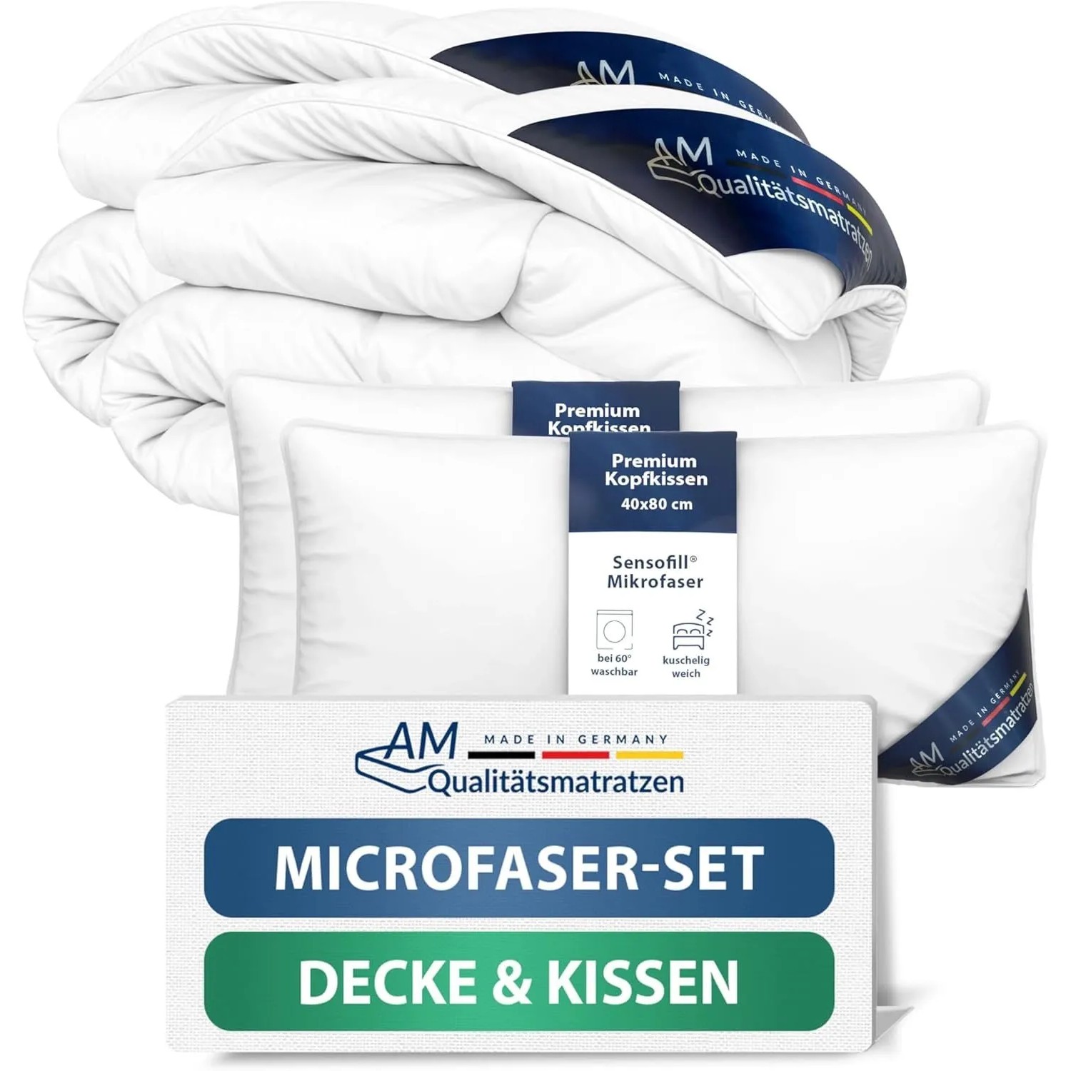 AM Qualitätsmatratzen Premium Mikrofasser Bettdecken- & Kissen 2er Set Made in Germany 155x220cm