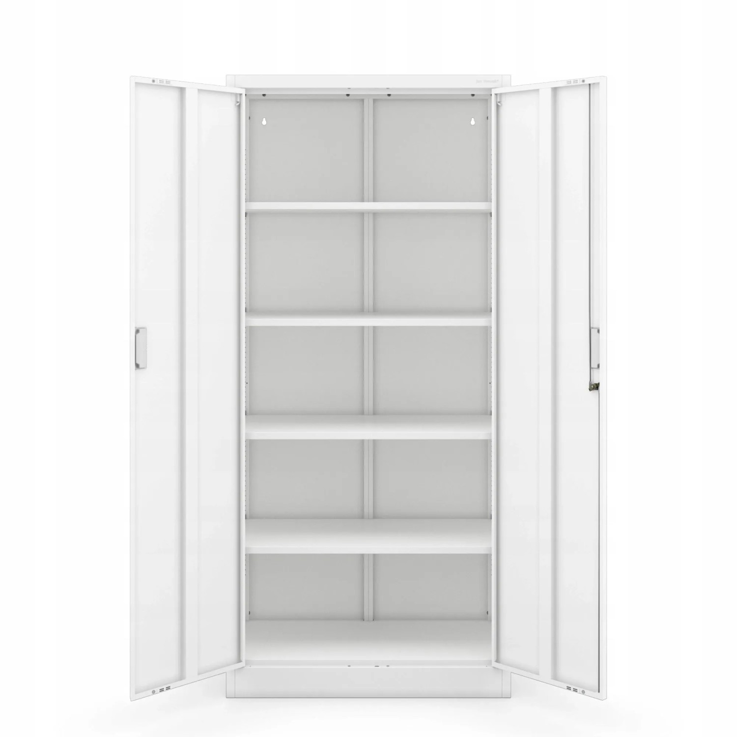Weißer Jan Nowak Aktenschrank Compact mit geöffneten Türen und vier Einlegeböden.