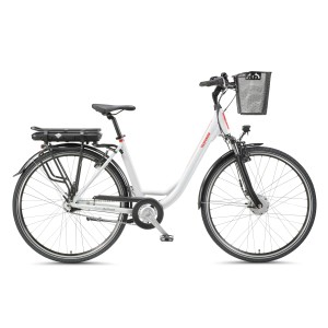 Weißes Telefunken City E-Bike 28 Zoll mit Korb, 7-Gang Shimano Nabenschaltung und Frontmotor.