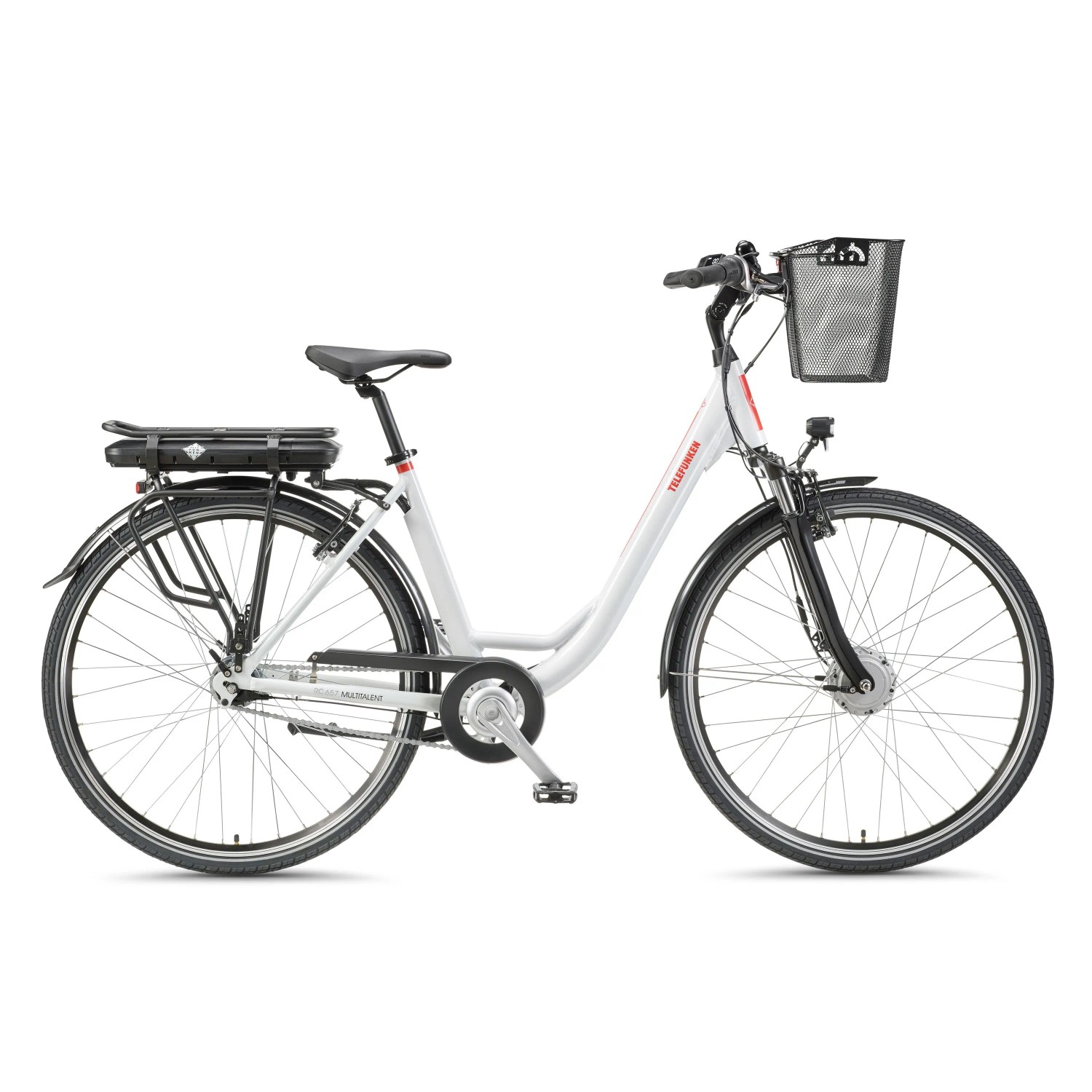 Weißes Telefunken City E-Bike 28 Zoll mit Korb, 7-Gang Shimano Nabenschaltung und Frontmotor.