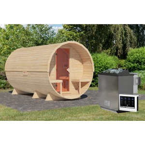 Karibu Fass-Sauna 3 Set naturbelassen mit 9 kW Ofen und externer Steuerung.