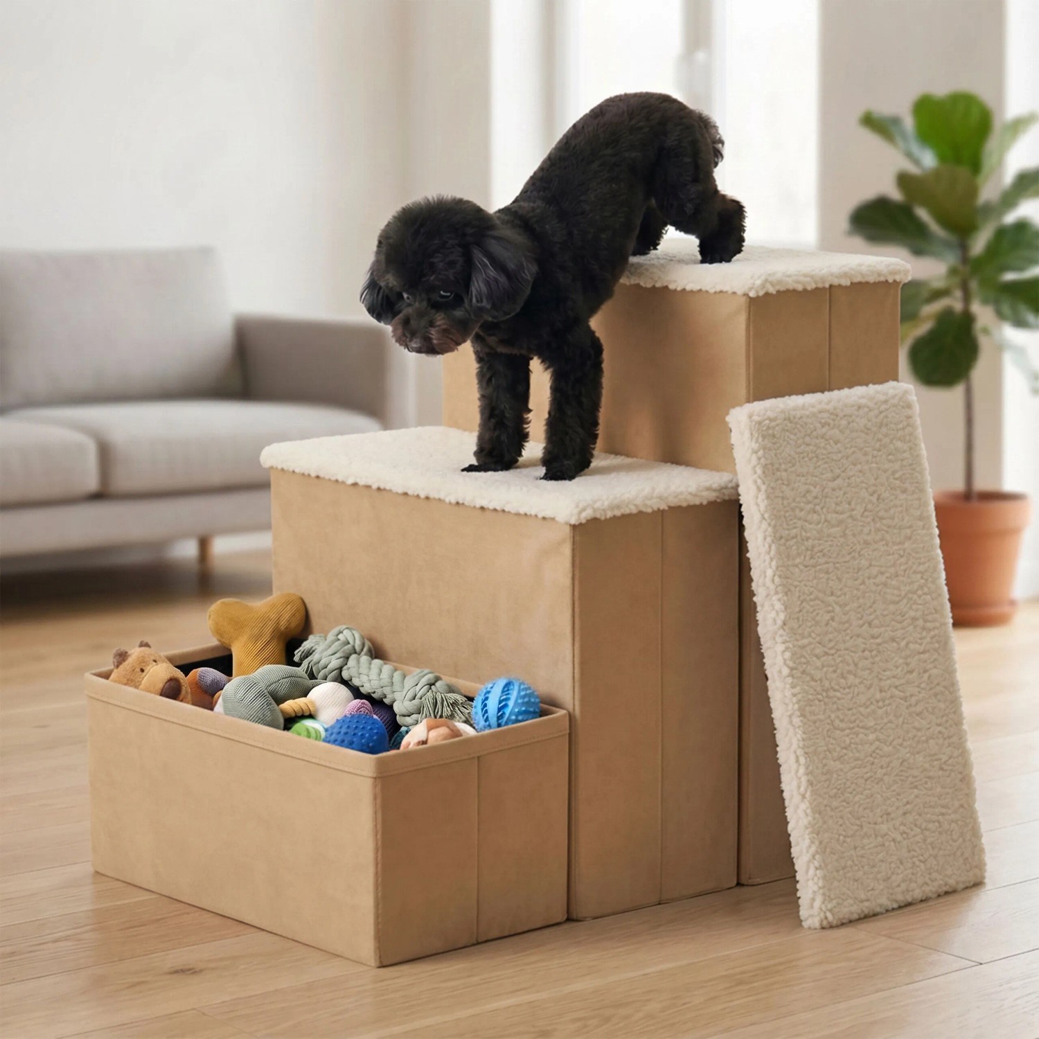 Beige 3-Stufen-Hundetreppe mit Stauraum und weicher Oberfläche, ein Hund steigt darauf. Faltbare Aufstiegshilfe für Sofa/Bett.