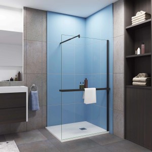 AICA Walk In Duschwand 140x200cm, schwarzer Rahmen, 8mm ESG-Glas mit Regal und Handtuchhalter.