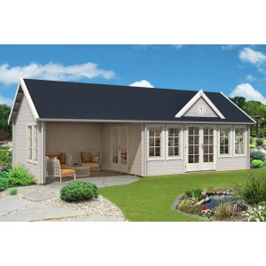 Großes, braunes Alpholz Gartenhaus Clockhouse Big Ben mit Satteldach und vielen Fenstern.