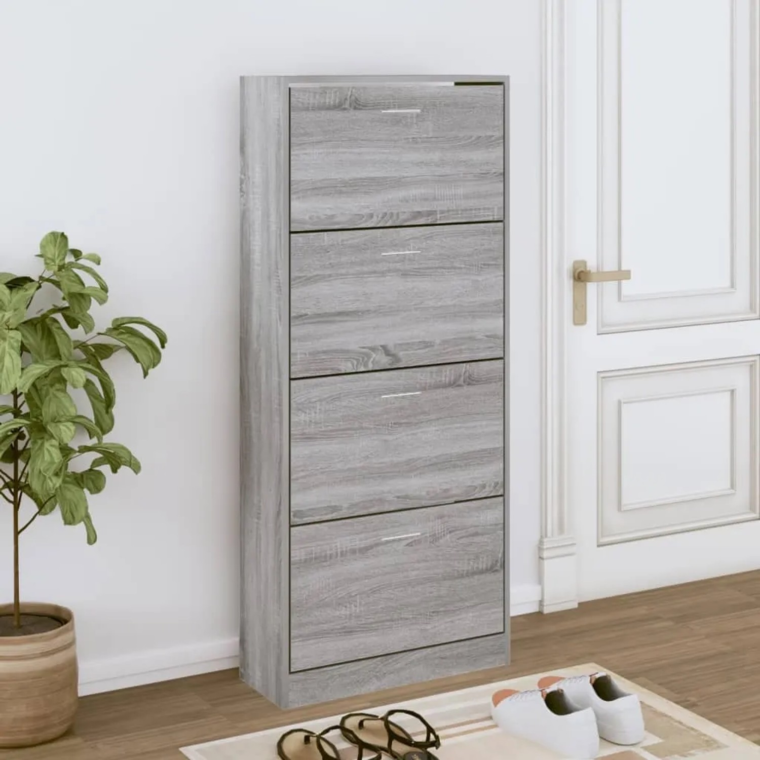 Schuhschrank Grau Sonoma aus Holzwerkstoff, 63x147 cm, mit 4 Klappen. Steht im Flur, ideal für Schuhaufbewahrung.