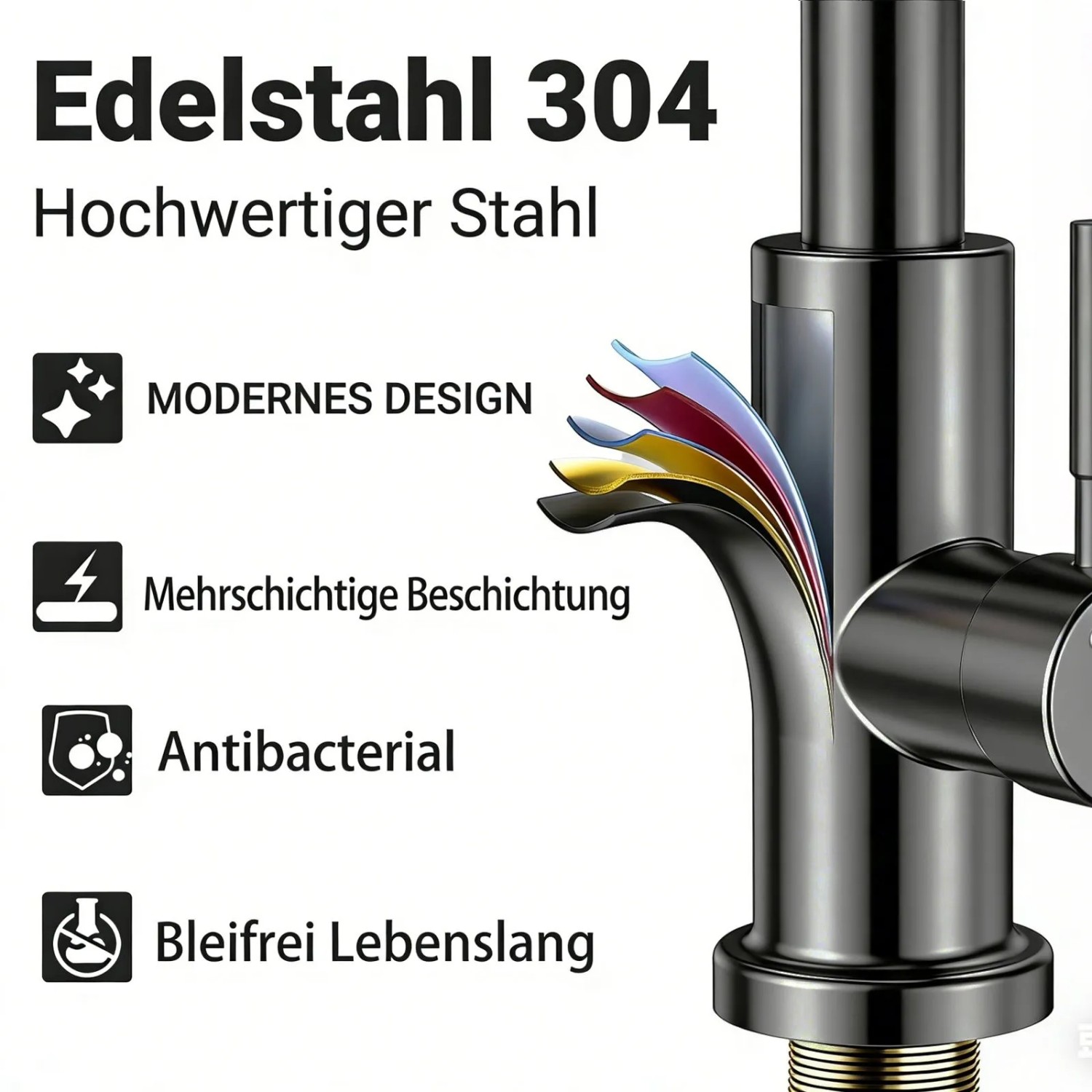 AICA Küchenarmatur, ausziehbar, Metallic Grau. Einhebelmischer mit Brause für die Küche.