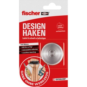 Fischer Designhaken, Klebehaken mit 3 kg Tragkraft, silberfarben, einfache Montage ohne Werkzeug.