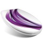 Weißer Toilettendeckel mit Absenkautomatik und violettem Wellenmuster.