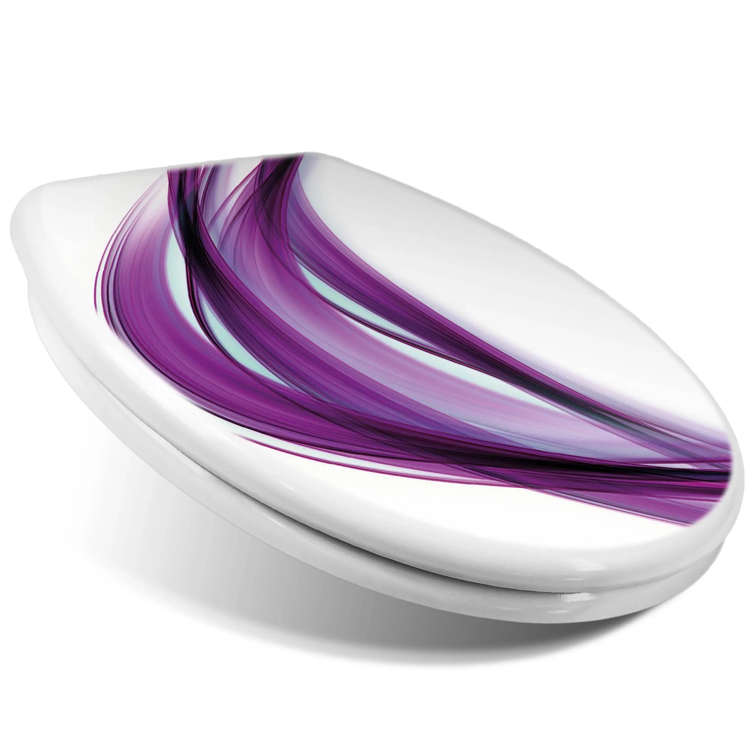 Weißer Toilettendeckel mit Absenkautomatik und violettem Wellenmuster.