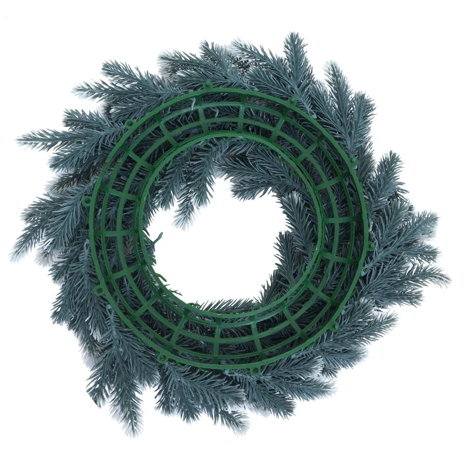 Rückseite eines künstlichen Tannenkranzes mit Schnee, grüne Gitterbasis. Ø 45cm Weihnachtsdekoration.